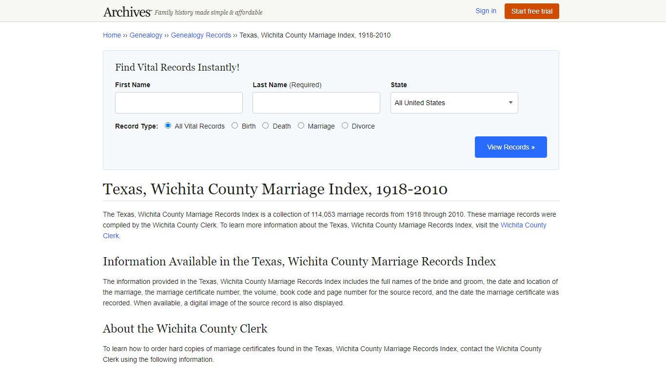Texas, Wichita County Marriage Index, 1918-2010 - Archives.com